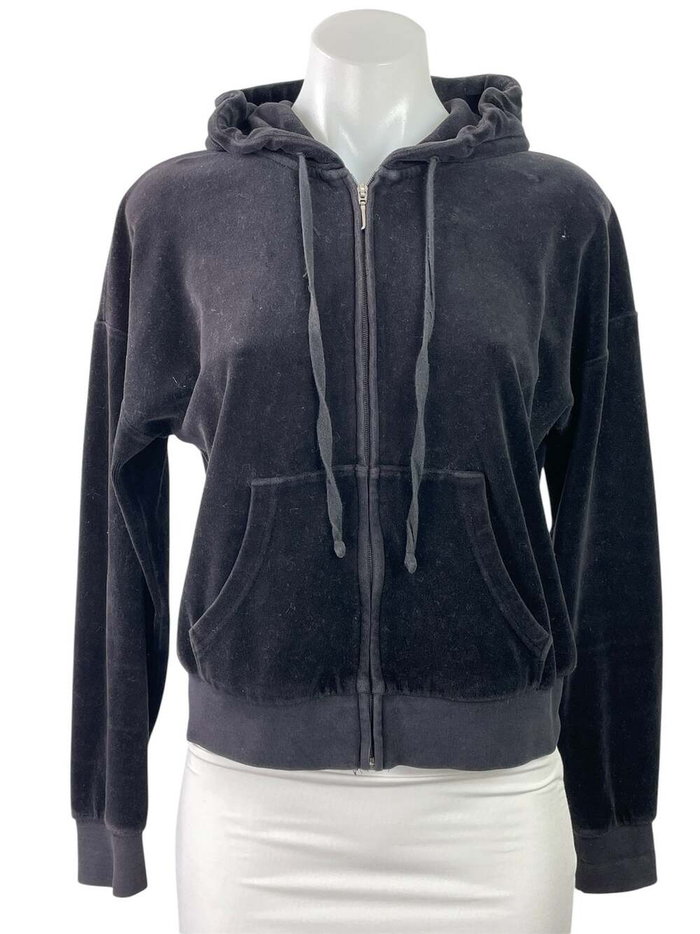 Juicy Couture Black Rhinestone Velvet Velour Zip Up Long Sleeve Hooded Hoodie S